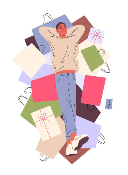 illustrazioni stock, clip art, cartoni animati e icone di tendenza di l'uomo giace contento sulle borse della spesa - maniaco dello shopping