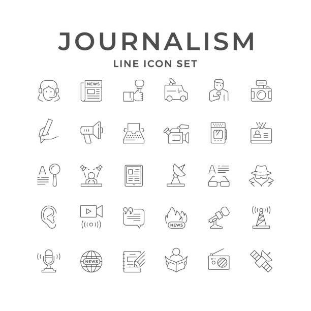 setzen sie liniensymbole des journalismus - medienberuf stock-grafiken, -clipart, -cartoons und -symbole