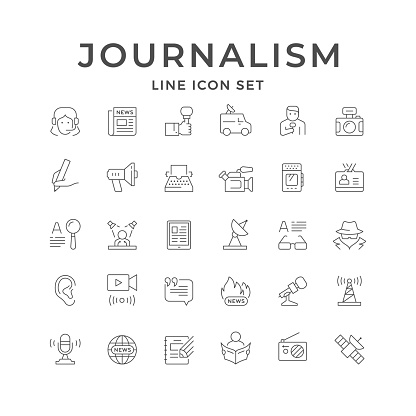 Set line icons of journalism isolated on white. News, microphone, megaphone, conference, interview, rumor, investigation, satellite dish, television, journalist. Vector illustration