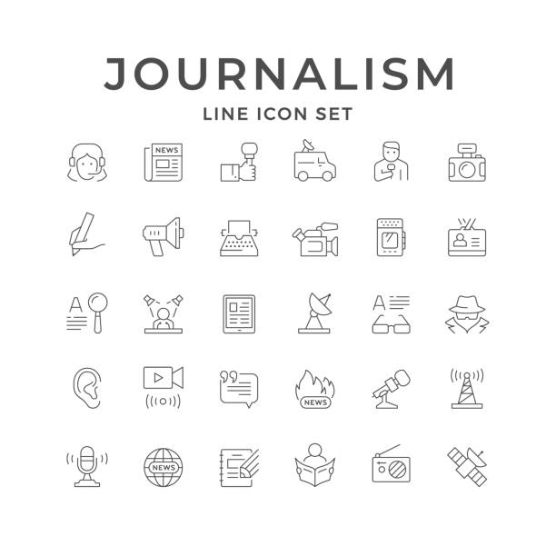 Set line icons of journalism Set line icons of journalism isolated on white. News, microphone, megaphone, conference, interview, rumor, investigation, satellite dish, television, journalist. Vector illustration journalist stock illustrations