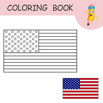 Coloring book with cartoon American flag. Color the Flag USA use to sample. National symbol for Independence, Memorial, President's day. Template of practice worksheet with Flag of the United States