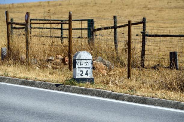 A weathered concrete road marker, inscribed with the numbers 21/11, stands partially submerged in lush green grass beside a road. This simple yet symbolic image represents concepts of distance, journey, milestones, progress, and finding your way. Ideal for themes of travel, measurement, progress, goals, and direction in a subtle, natural setting - World Road Day