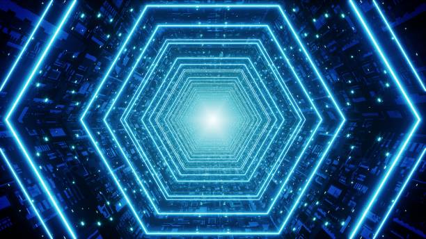 istock Glowing Blue Hexagon Light Technology Tunnel VJ Background 3D Render 1415207110
