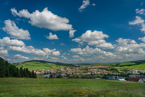 Tvrdosin town from hill in summer hot color day in north of Slovakia