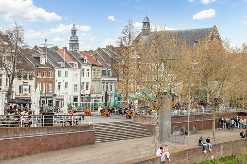 Maastricht, Netherlands, April 13, 2022; People enjoy the beautiful spring weather in the center of Maastricht.