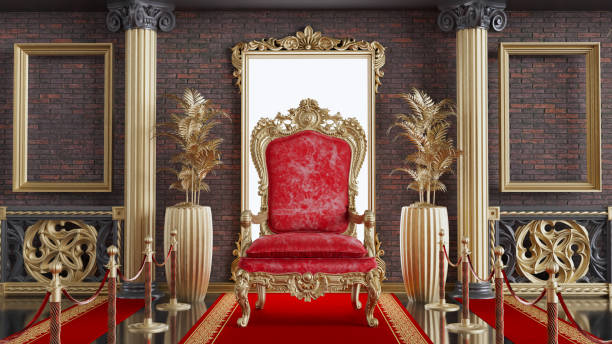 레드 카펫과 금 장벽이있는 붉은 왕 왕좌, 고전적인 기둥 건축 배경에 붉은 왕좌 - carpet red nobility rope 뉴스 사진 이미지