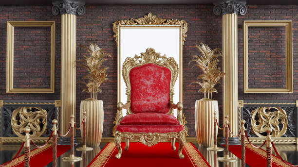 trono rei vermelho com tapete vermelho e barreiras de ouro, trono vermelho em colunas clássicas fundo arquitetura - carpet red nobility rope - fotografias e filmes do acervo