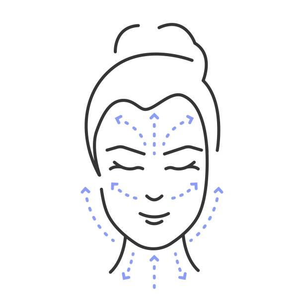 ilustraciones, imágenes clip art, dibujos animados e iconos de stock de icono de la línea de masaje de cara y cuello de la mujer. instrucción con flechas. masajear las líneas faciales. concepto de cuidado de la piel. ilustración vectorial - antiarrugas