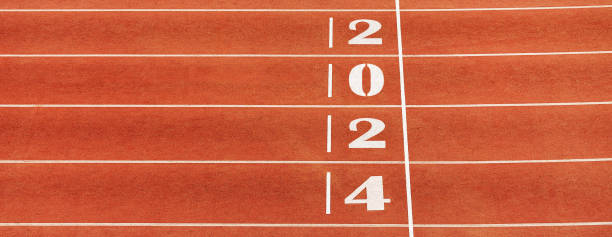 finish line red track running in athletics with title 2024 finish line red track running in athletics with title 2024 2024 stock pictures, royalty-free photos & images