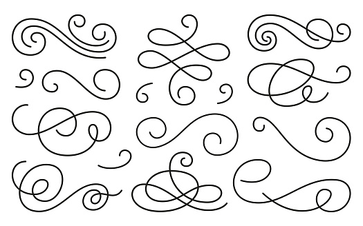 Spiral swirl ornament, line style flourishes set. Filigree ornamental curls. Decorative design elements for menu, certificate, diploma, wedding card, invatation, outline text divider
