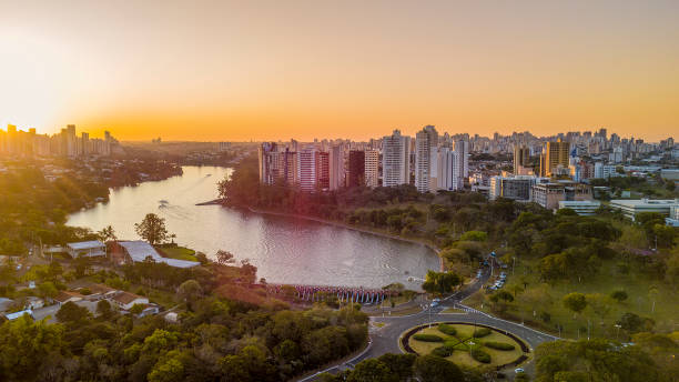 Panoramic sunset view of the Barragem - Lake Igapó in the city of Londrina in the state of Parana, Brazil stock photo
