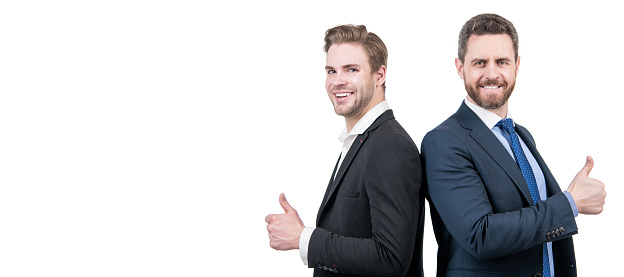 successful happy entrepreneur men in suit show thumb up isolated on white, business success. Man face portrait, banner with copy space