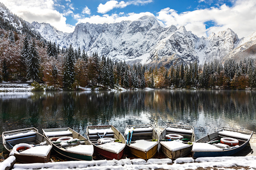 Winter Panorama of Lower Fusine Alpine Lake in Julian Alps with Mount Mangart in Upper Center of the Photograph