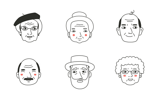 Set with the faces of the elderly. Avatars of grandparents with different emotions. Vector hand-drawn illustration in doodle style.