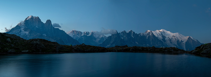 The Mont Blanc Massif reflection into cheserys lake at sunrise - France