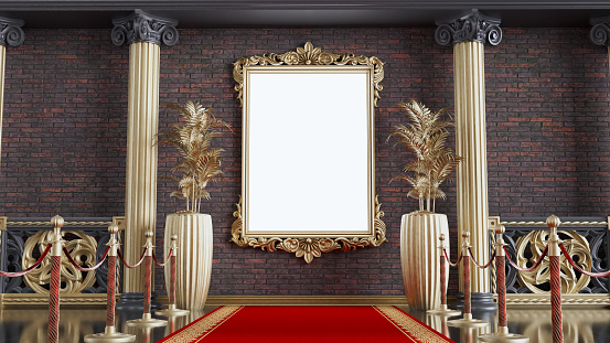 Abstract classical background with golden frame for product display, golden blanc frame with red carpet and barriers, 3D render