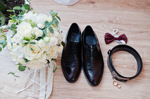 Close up of groom accessories. Wedding details. Man's style.