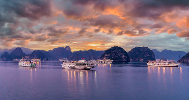 krajobraz z zatoką halong o wschodzie słońca, wietnam - halong bay vietnam bay cruise zdjęcia i obrazy z banku zdjęć