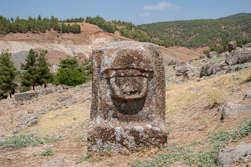 The 150 year old totem poles are located in Kispiax on the Yellowhead Highway in Northwest British Columbia