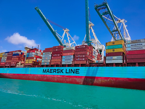 Miami, USA - April 23, 2022:Big container ship at port Miami, one of the largest cargo ports in the US.