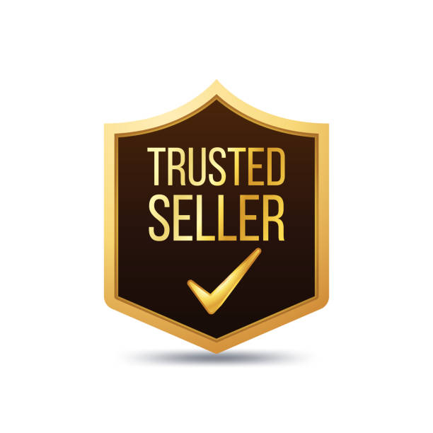 프리미엄 골든 컬러 신뢰할 수있는 판매자 비즈니스 상업 체크 아이콘이있는 라벨 배지를 확인합니다. - in gold we trust stock illustrations