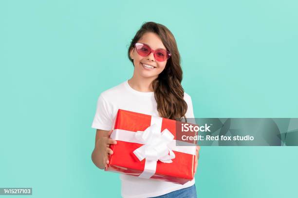 Shopping Time Smiling Kid Hold Present Child Prepare For Holiday Happy Valentines Day Stock Photo - Download Image Now
