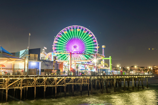 Santa Monica, California - March 30, 2019: Santa Monica Pier Carousel at Night, California