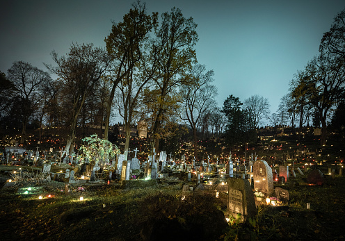 Vilnius, Lithuania - November 01, 2018: Catholic Cemetery Rasos in Vilnius, Lithuania. All Saints' Day November 1st