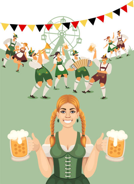 Beer Fest. Beer Party. A young woman holding two beer mugs. People celebrating Beer Fest. Beer Party. A young woman in a traditional German dress holding two beer mugs. german beer stock illustrations