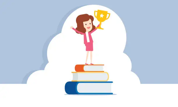 Vector illustration of Businesswoman holding trophy on stack of books