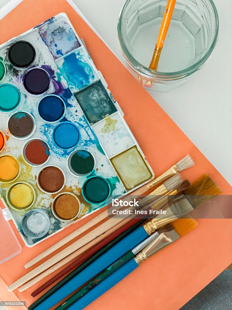 School supplies still life school supplies still life about art & craft Watercolor Paints Stock Photo