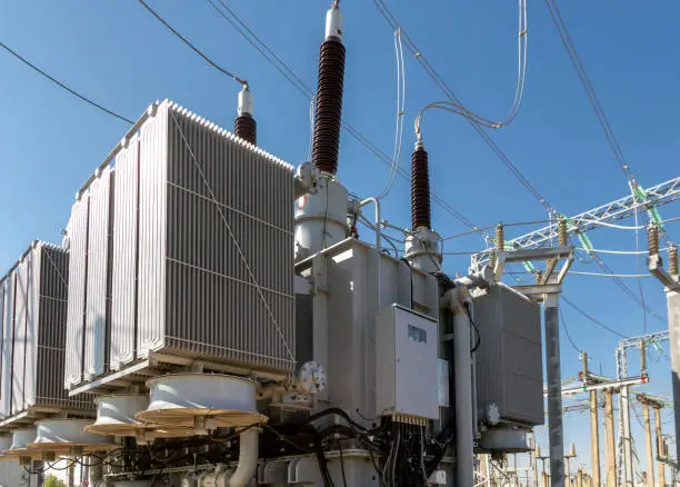 High voltage substation. Power transformer. Electrical distribution substation