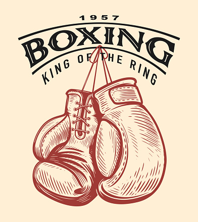 Boxing gloves sketch. Boxing sport retro emblem. Hand drawn vector illustration in vintage engraving style