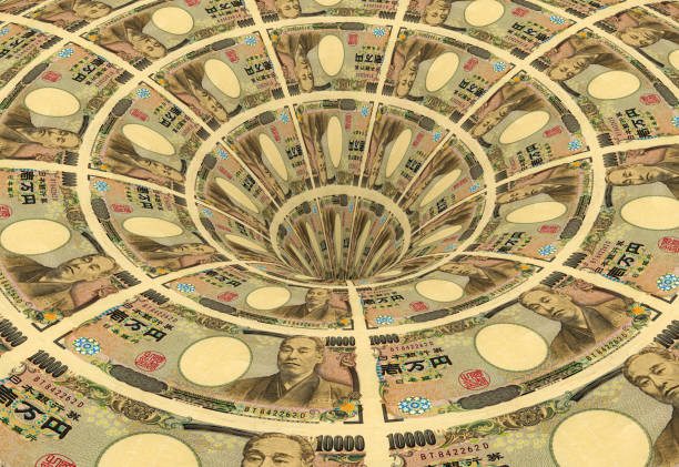 yen flows into a bottomless funnel - japanse valuta stockfoto's en -beelden