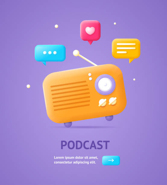 3d Podcast Concept with Vintage Radio Plasticine Cartoon Style. Vector 3d Podcast Concept with Vintage Radio Banner Card Plasticine Cartoon Style. Vector illustration of Online Streaming analogue radio stock illustrations