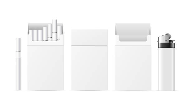 realistyczny szczegółowy pakiet papierosów 3d blank white z zestawem zapalniczek kieszonkowych. wektor - cigarette lighter gasoline open cigarette stock illustrations