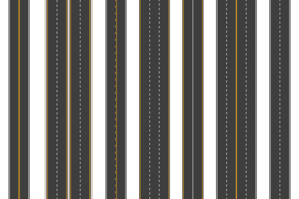 ilustrações de stock, clip art, desenhos animados e ícones de road lane top view. asphalt highway with various lines and white stripes, aerial view of city roadway transport traffic. vector street line isolated collection - highway street road speed