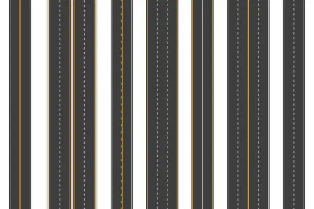Vector illustration of Road lane top view. Asphalt highway with various lines and white stripes, aerial view of city roadway transport traffic. Vector street line isolated collection