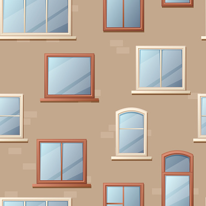 Facade with windows pattern. Seamless print of building wall with cartoon various windows. Vector cartoon texture of house facade. Architecture exterior with glossy glass in frames