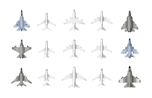 Civil and military aircraft top view. Cartoon jet fighters and civil aviation cargo and passenger airplanes, monoplanes and biplanes top view of plane models. Vector set