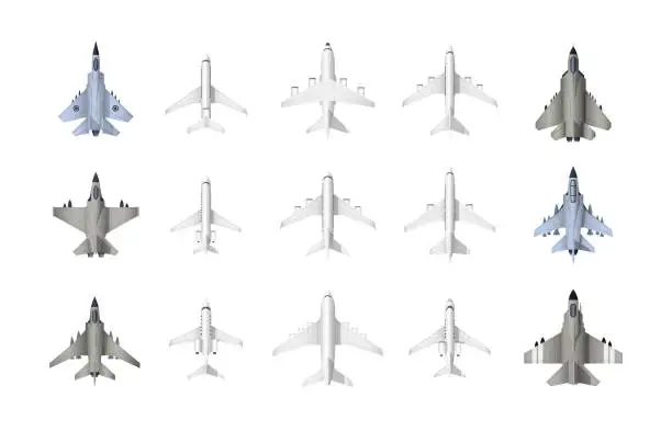 Vector illustration of Civil and military aircraft top view. Cartoon jet fighters and civil aviation cargo and passenger airplanes, monoplanes and biplanes top view of plane models. Vector set