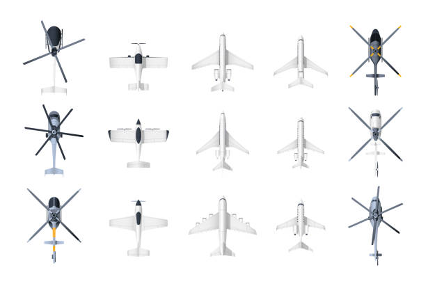 Planes and helicopters top view. Cartoon military and civil aviation aircraft, passenger and cargo airplane and helicopter models collection. Vector set Planes and helicopters top view. Cartoon military and civil aviation aircraft, passenger and cargo airplane and helicopter models collection. Vector set. Flying vehicles for logistic airplane commercial airplane propeller airplane aerospace industry stock illustrations