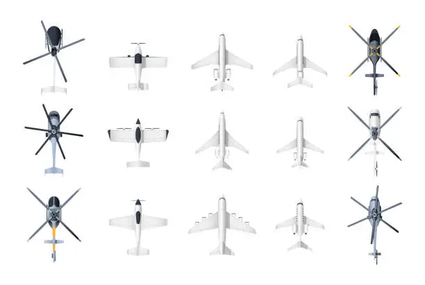 Vector illustration of Planes and helicopters top view. Cartoon military and civil aviation aircraft, passenger and cargo airplane and helicopter models collection. Vector set