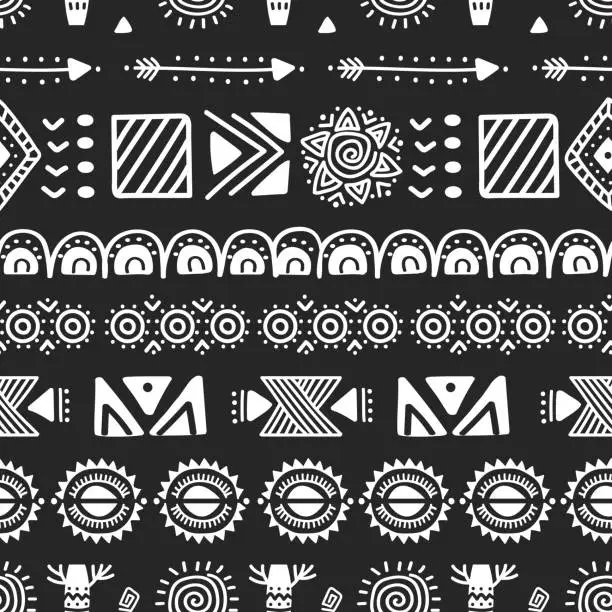 Vector illustration of African seamless pattern. Tribal African abstract geometric shapes, arrow and sun elements. Black and white hand drawn graphic vector texture