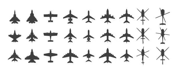 Vector illustration of Black airplanes top view. Military jet fighter and civil aviation cargo and passenger planes silhouette icons aerial view. Vector overhead look of airplane set