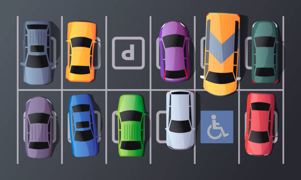 Parking top view. Garage floor with cars from above, city parking lot with free space, cartoon street carpark with various vehicles. Vector illustration vector art illustration