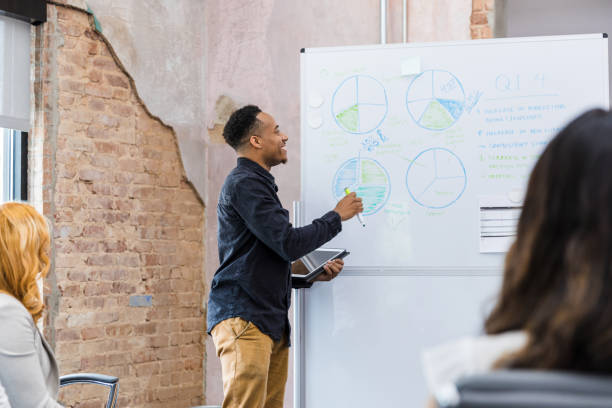 istock Male business owner uses graphs on whiteboard for presentation 1415231345