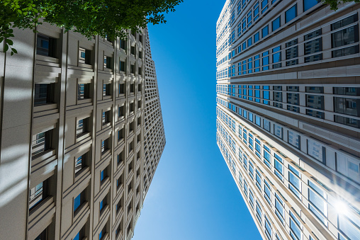 Tall hotel and office buildings in the downtown area.