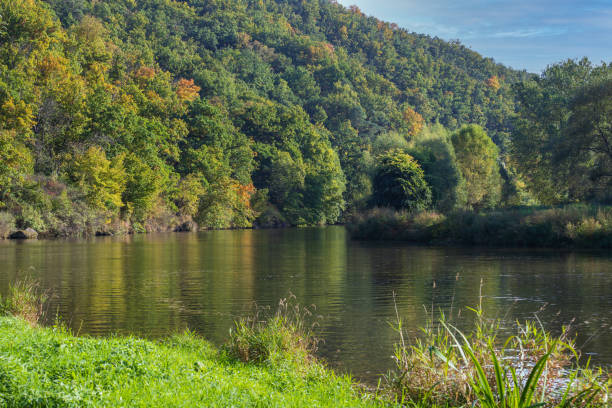 Quiet wide river. There are green trees around the river. Sky with dramatic clouds. Brno Dam - Czech Republic.