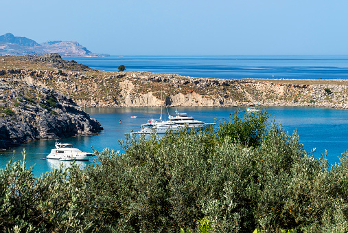 Yachts moored in the famous Lindos bay of Rhodes island, Greece.